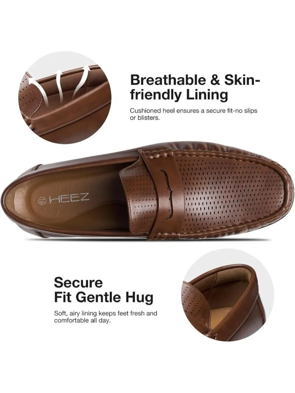 HEEZ Men's Brown Perforated Faux Leather Penny Loafers Slip On Driving Shoes